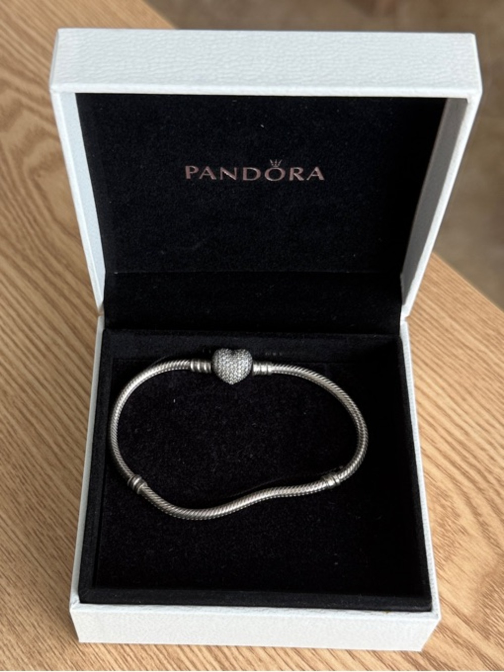 Pandora Silver Moments Pavé Heart Charm on Snake Chain Bracelet